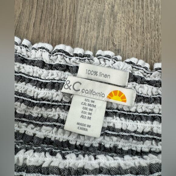 C&C California Smocked Bell Sleeve Striped 100% Linen Top Medium - Picture 7 of 8